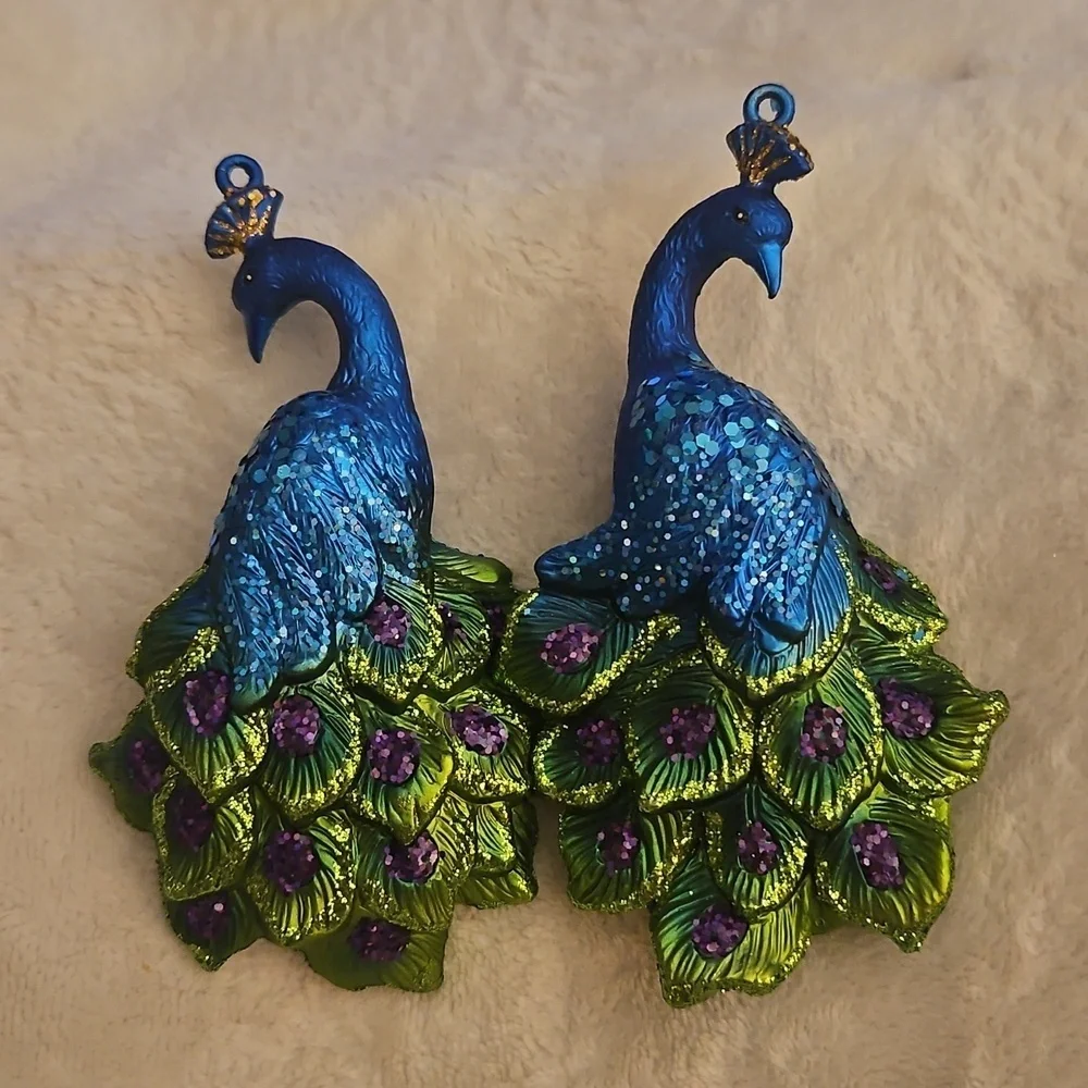 HOBBY LOBBY Two Colorful Glitter Peacock Ornaments